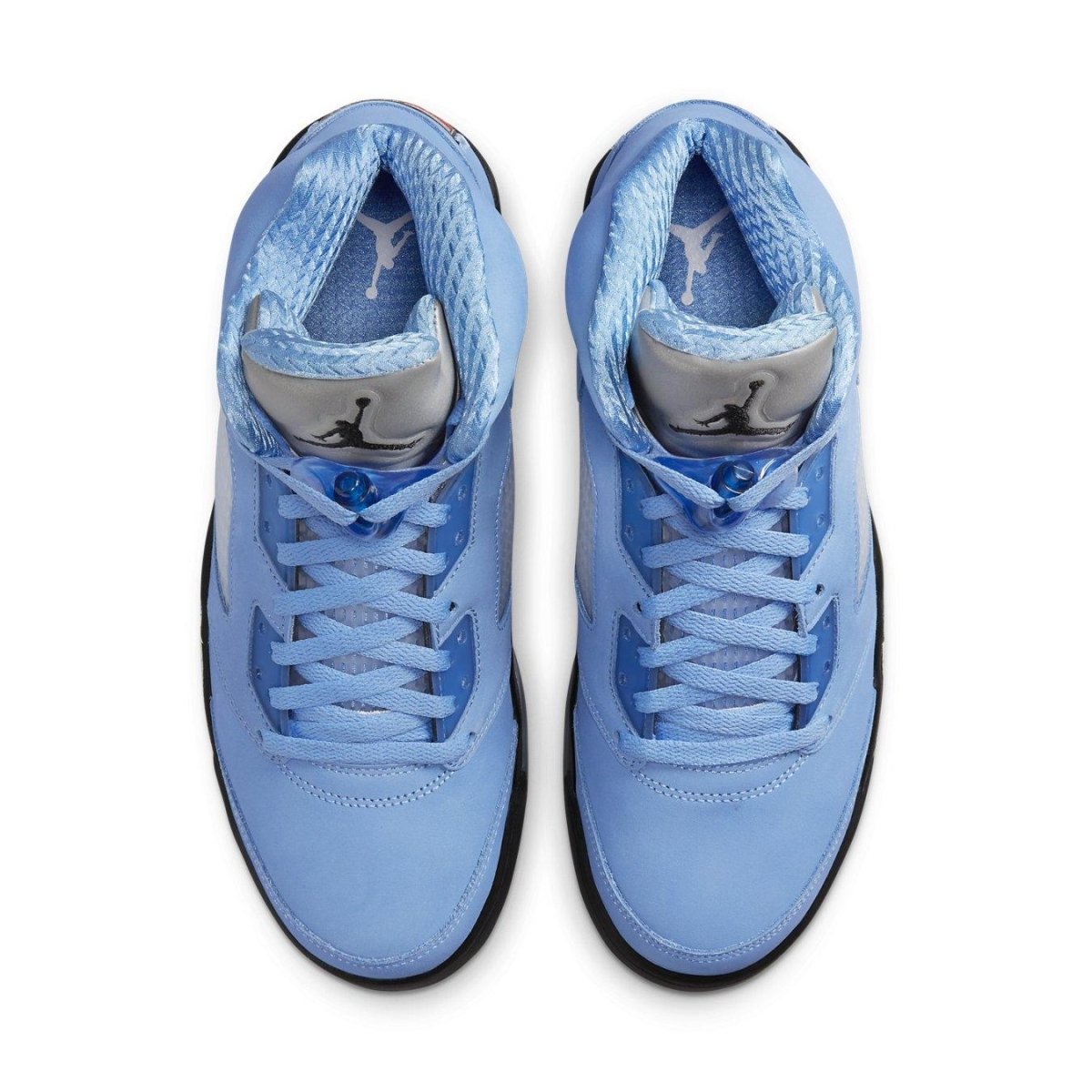 Top view of Air Jordan 5 Retro UNC University Blue sneakers showcasing pastel blue color and lace details.