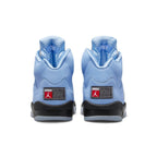 Rear view of Jordan 5 Retro UNC in University Blue with iconic Jumpman logo and reflective tongue.