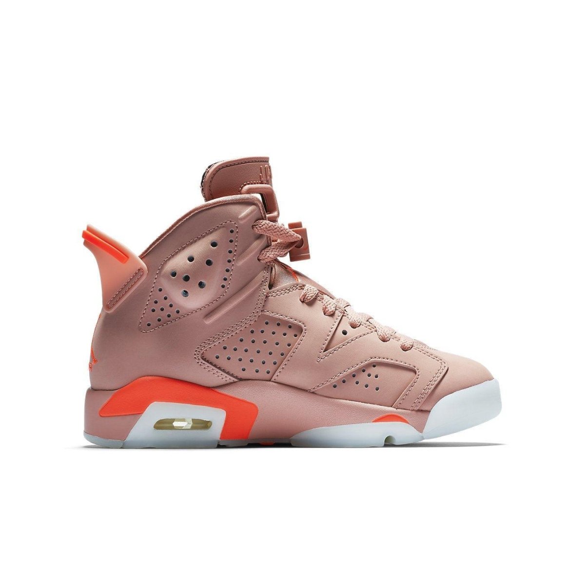 Jordan 6 Retro Aleali May women's sneaker in Millennial Pink with Bright Crimson accents.