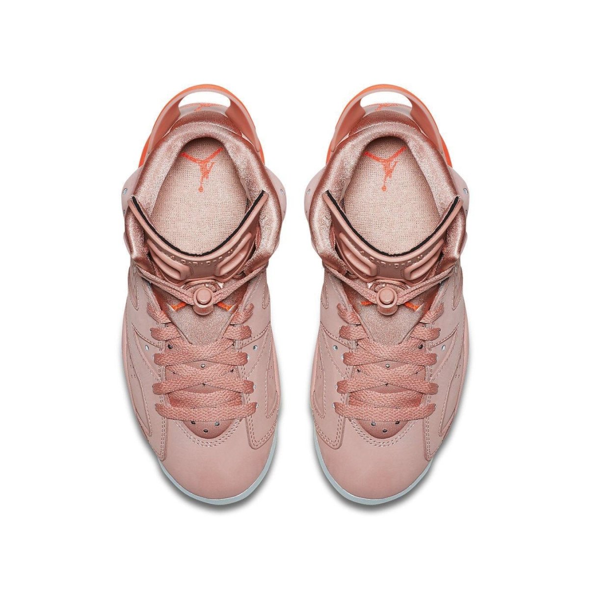 Top view of women's Jordan 6 Retro Aleali May sneakers in Millennial Pink with Bright Crimson accents.