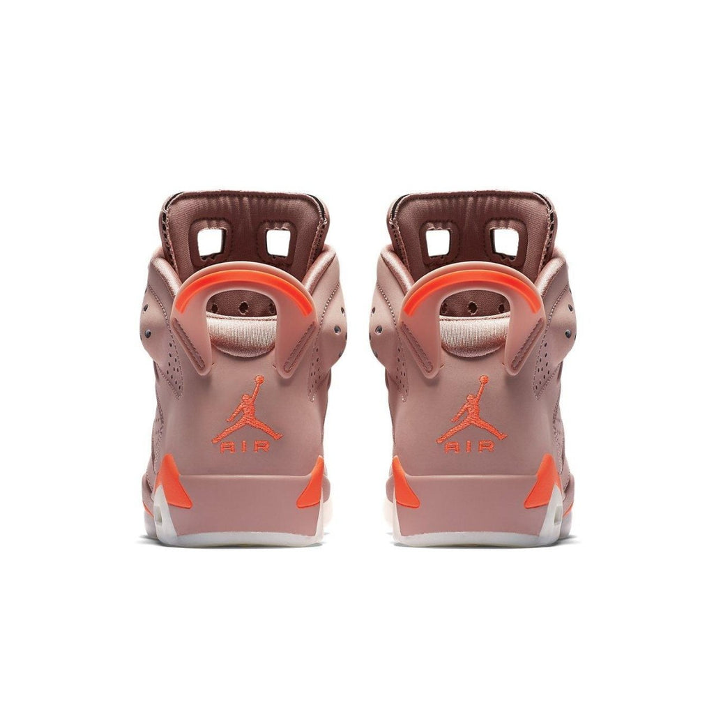 Back view of the Jordan 6 Retro Aleali May sneakers featuring a Rust Pink upper and Bright Crimson accents.
