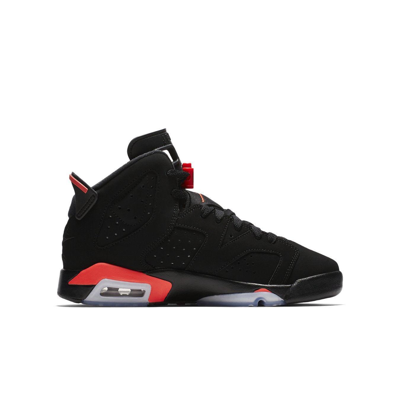 Air Jordan 6 Retro Black Infrared (2019) GS sneaker in black and red with iconic design features.