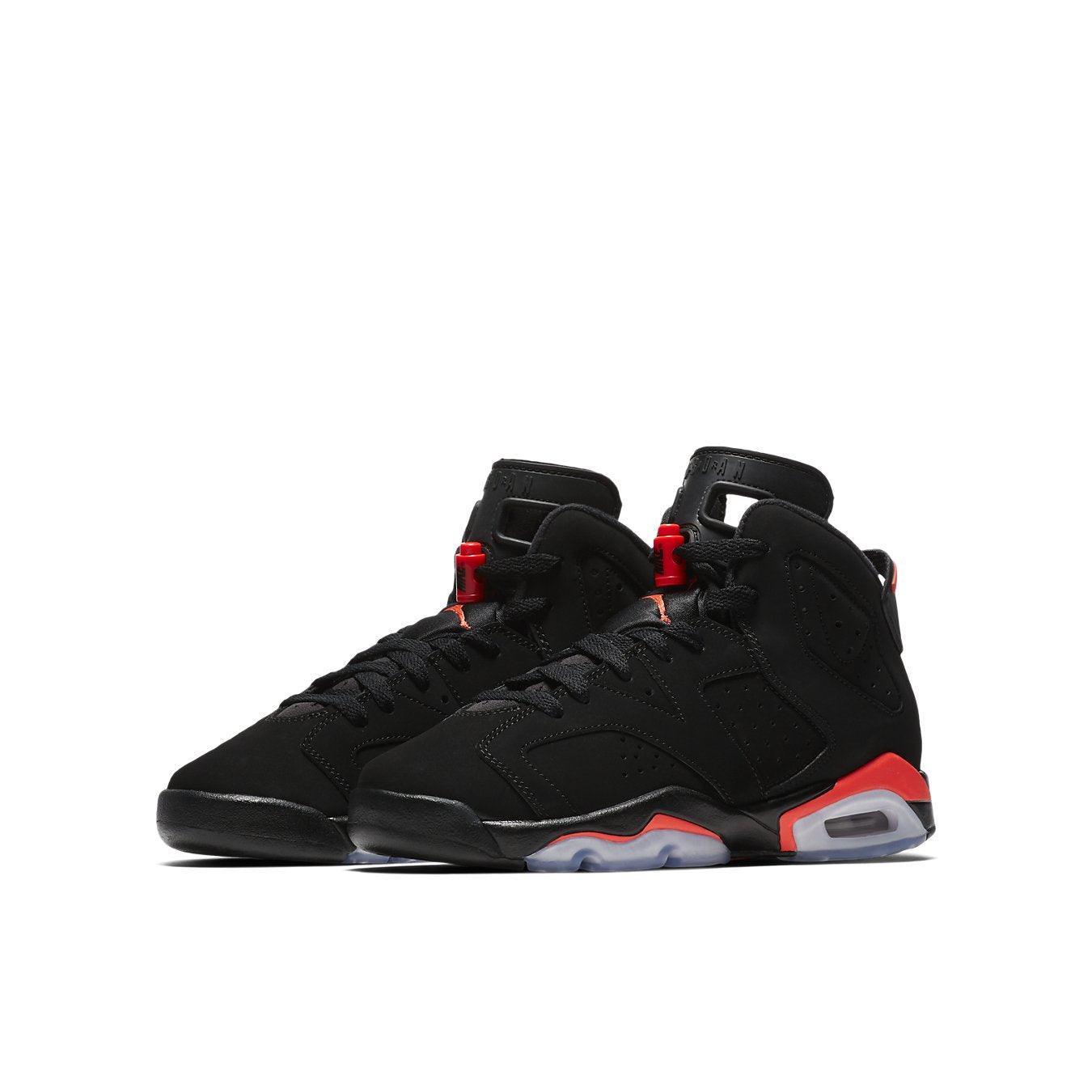 Air Jordan 6 Retro Black Infrared (2019) GS, kids' sneakers with black nubuck and neon red accents.