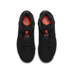 Top view of Jordan 6 Retro Black Infrared 2019 GS sneakers featuring black nubuck upper and neon red accents.