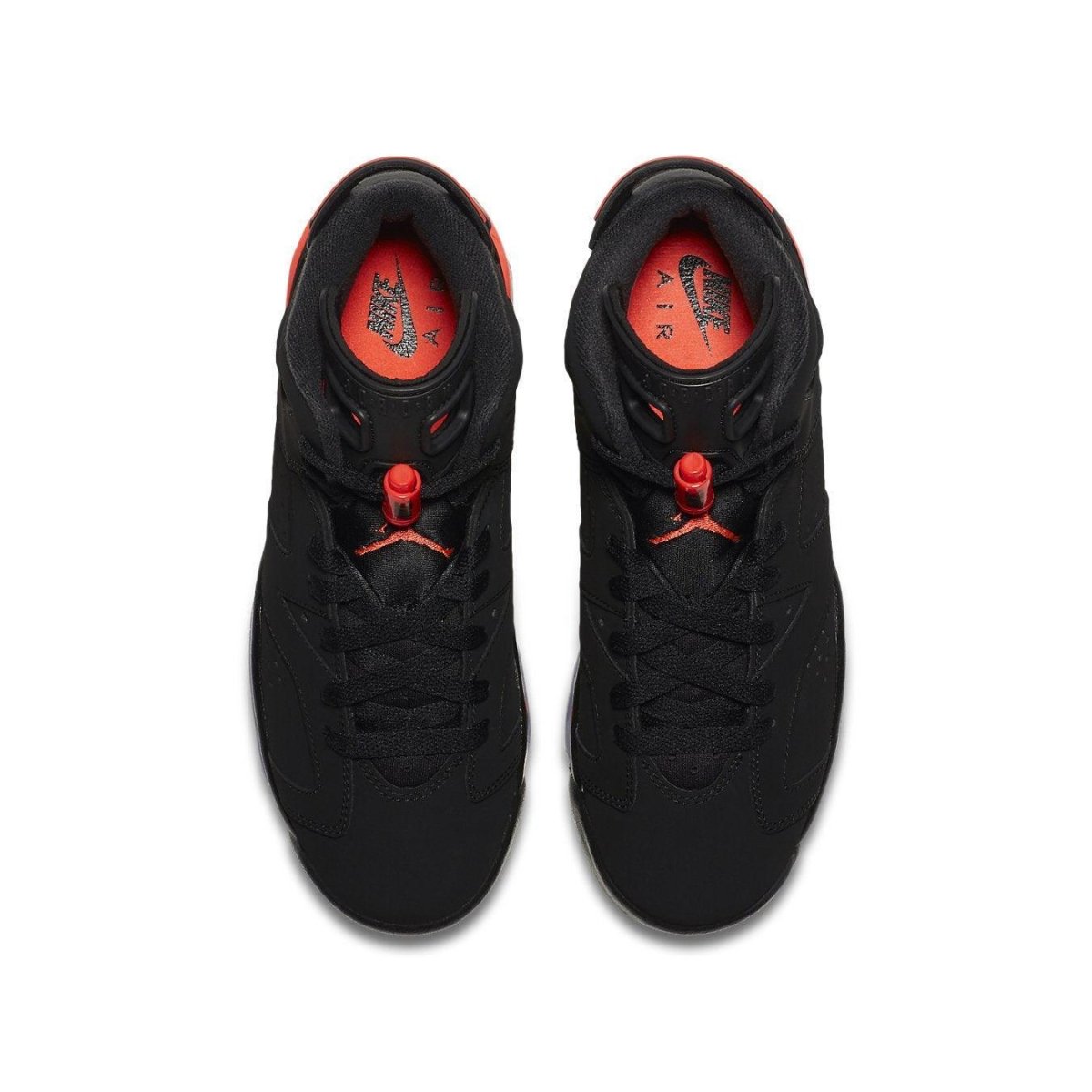 Top view of Jordan 6 Retro Black Infrared 2019 GS sneakers featuring black nubuck upper and neon red accents.