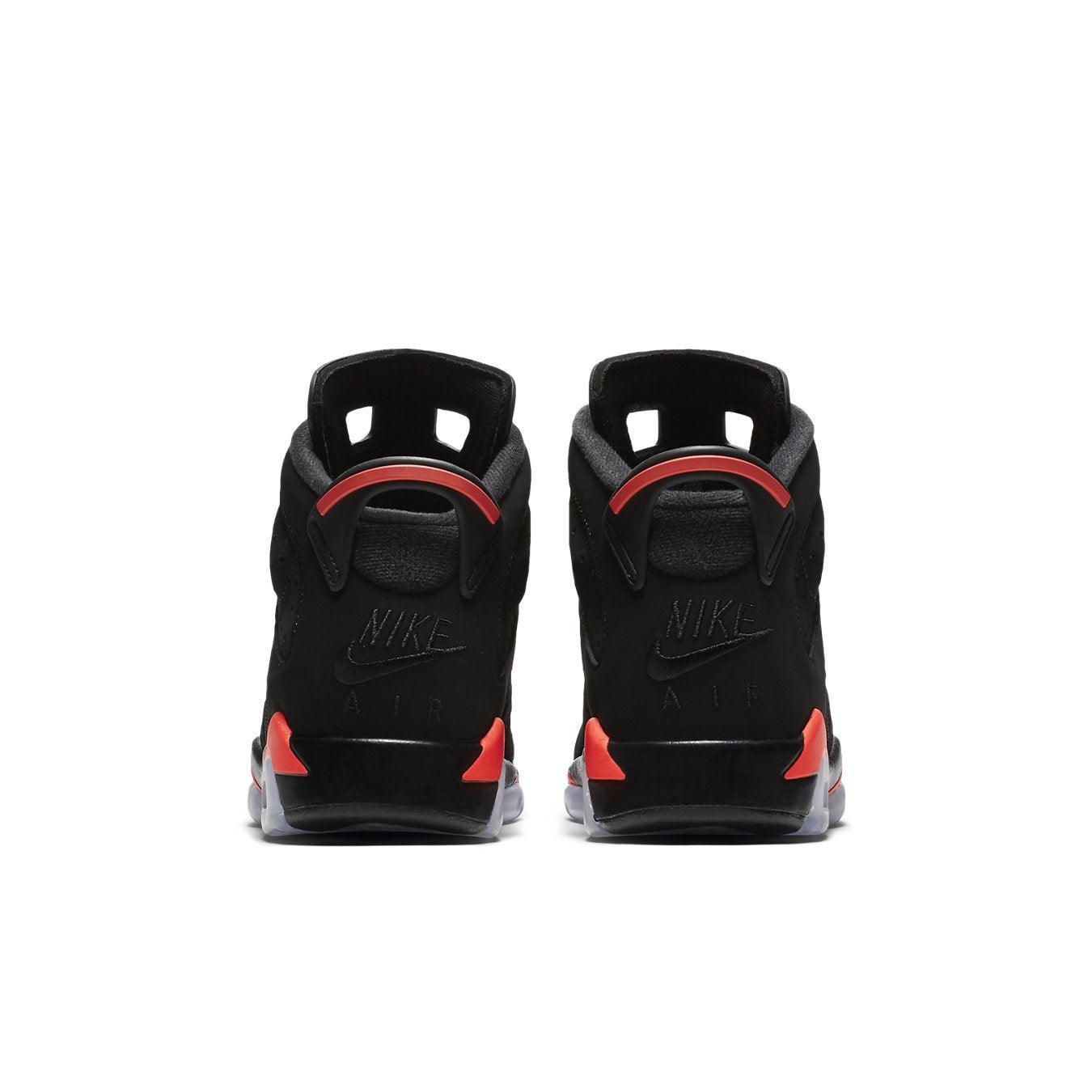 Back view of Air Jordan 6 Retro Black Infrared (2019) showing Nike Air logo and details in black and red.