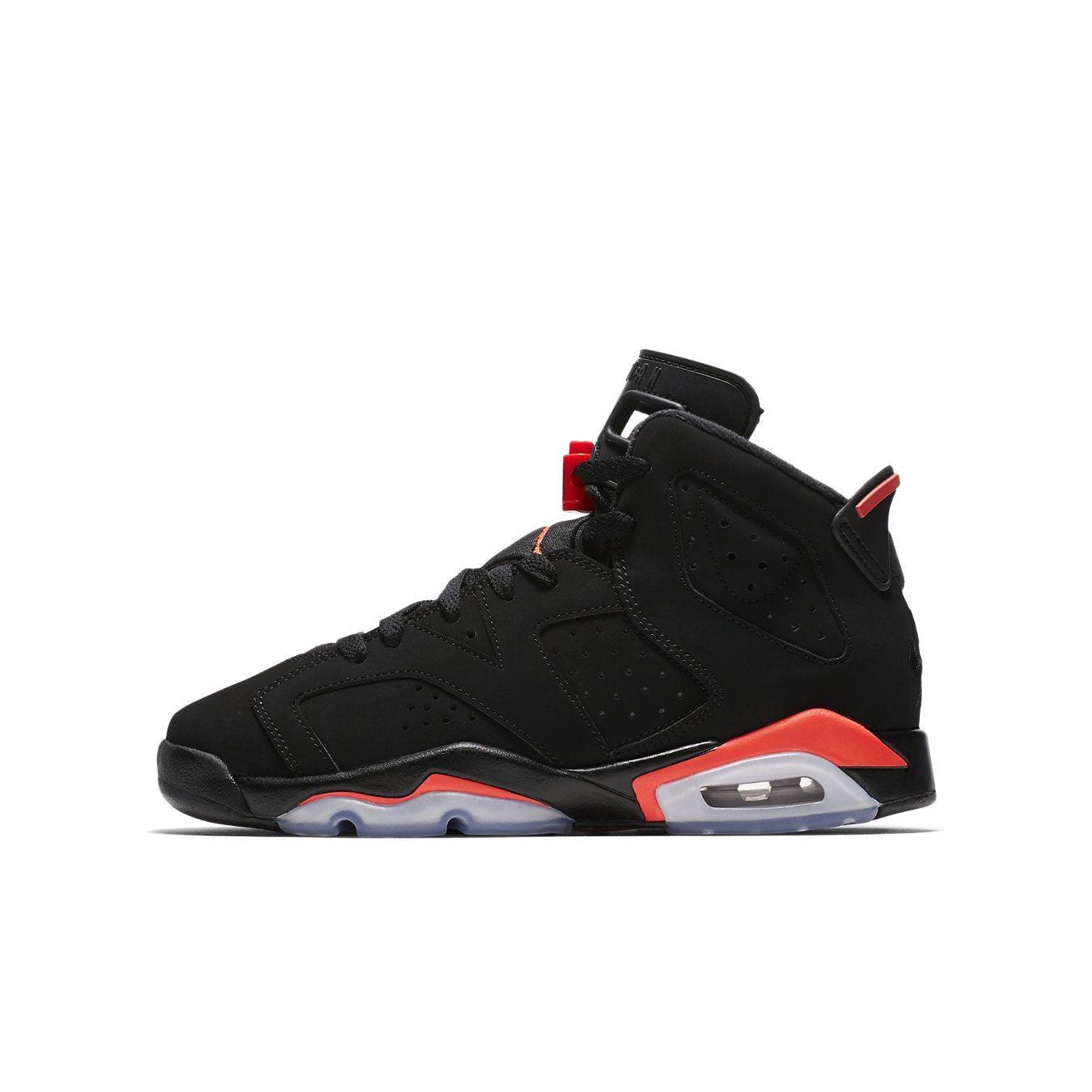 Jordan 6 Retro Black Infrared (2019) GS sneaker featuring black nubuck upper and neon red accents.