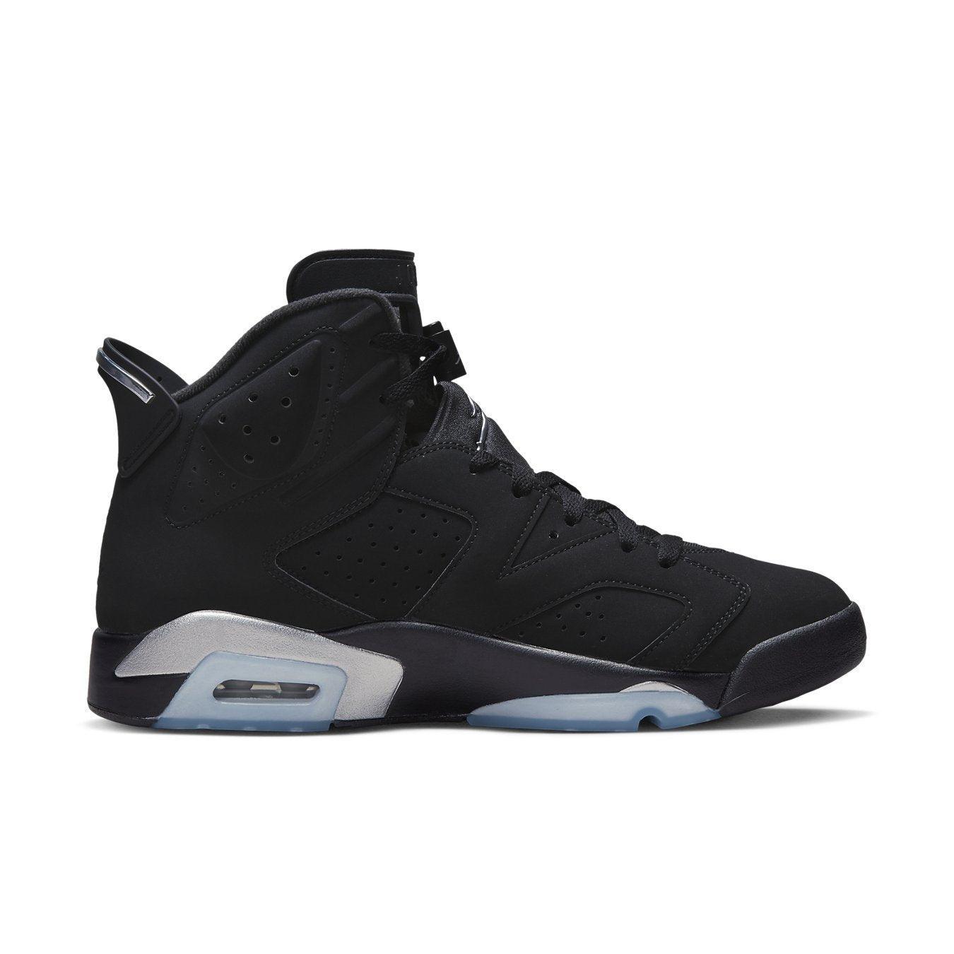 Air Jordan 6 Retro Chrome Metallic Silver sneaker in black nubuck with silver details