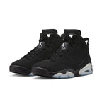 Air Jordan 6 Retro Chrome Metallic Silver in black nubuck with silver branding and icy sole.