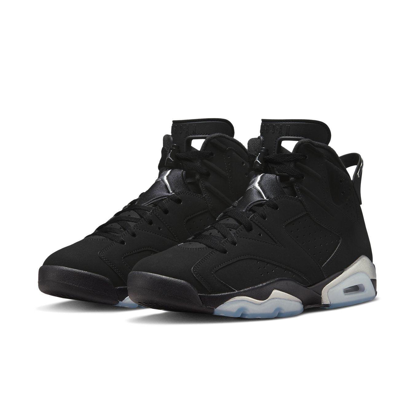 Air Jordan 6 Retro Chrome Metallic Silver in black nubuck with silver branding and icy sole.