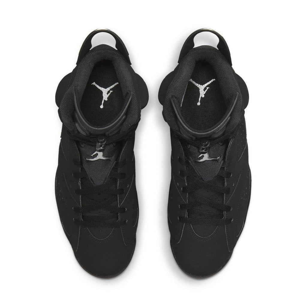 Top view of Air Jordan 6 Retro Chrome with black nubuck upper and silver Jumpman logo.