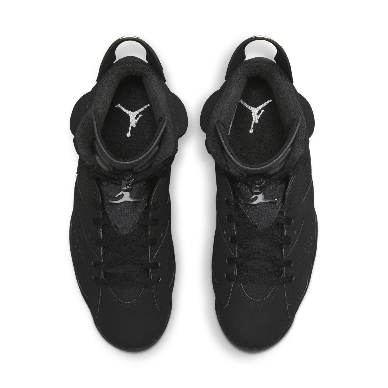 Top view of Air Jordan 6 Retro Chrome with black nubuck upper and silver Jumpman logo.