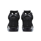 Retro Air Jordan 6 Chrome sneakers featuring black nubuck upper and Jumpman logo on the heel.