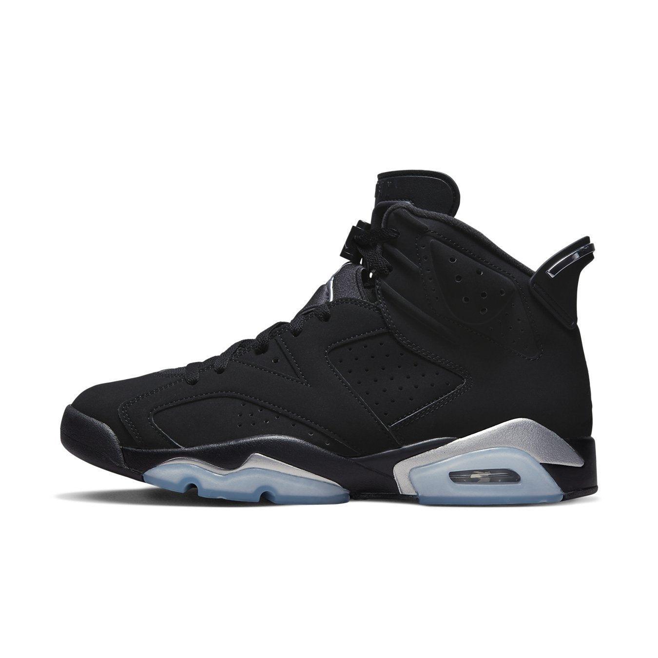 Air Jordan 6 Retro Chrome Metallic Silver profile view in black nubuck with silver details and icy sole.