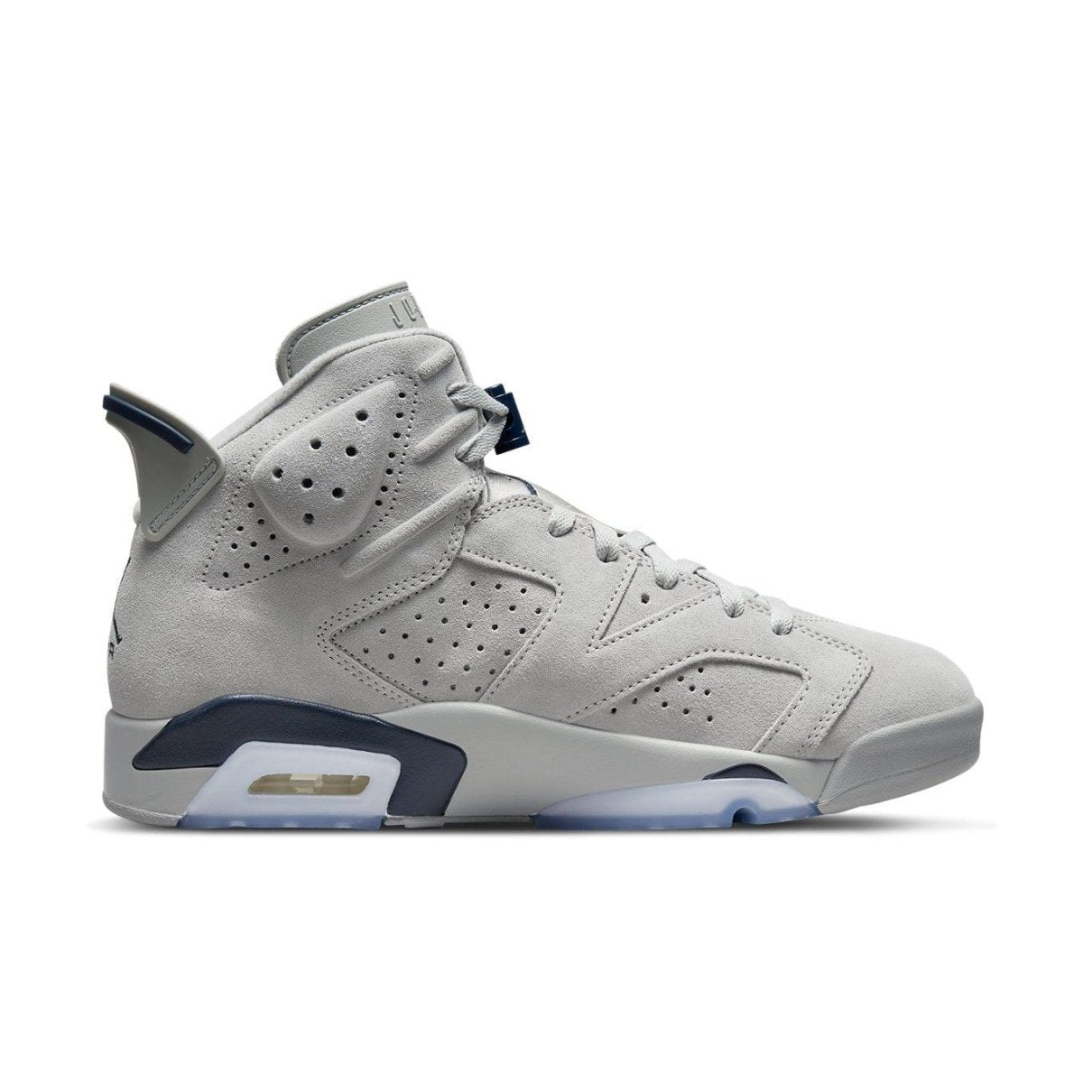 Air Jordan 6 Retro Georgetown (2022) in grey suede with navy accents, showcasing iconic basketball sneaker style.