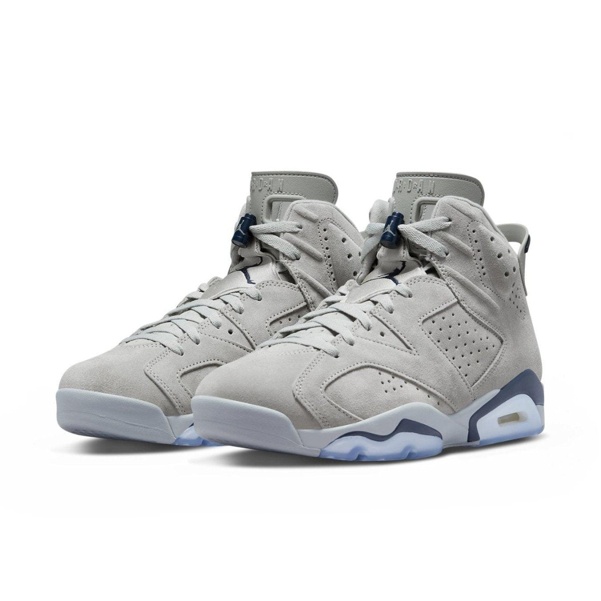 Air Jordan 6 Retro Georgetown (2022) in grey suede with navy accents and perforated detailing.