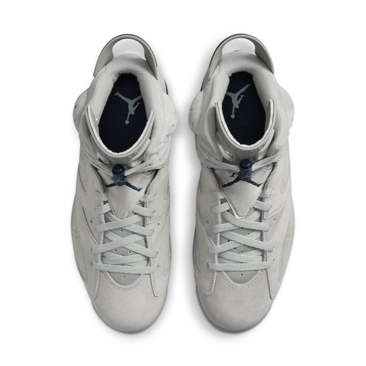 Air Jordan 6 Retro Georgetown sneaker showcasing gray suede upper and navy accents.