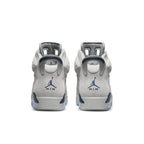 Back view of Air Jordan 6 Retro Georgetown in gray suede with navy accents and iconic Jumpman logo.