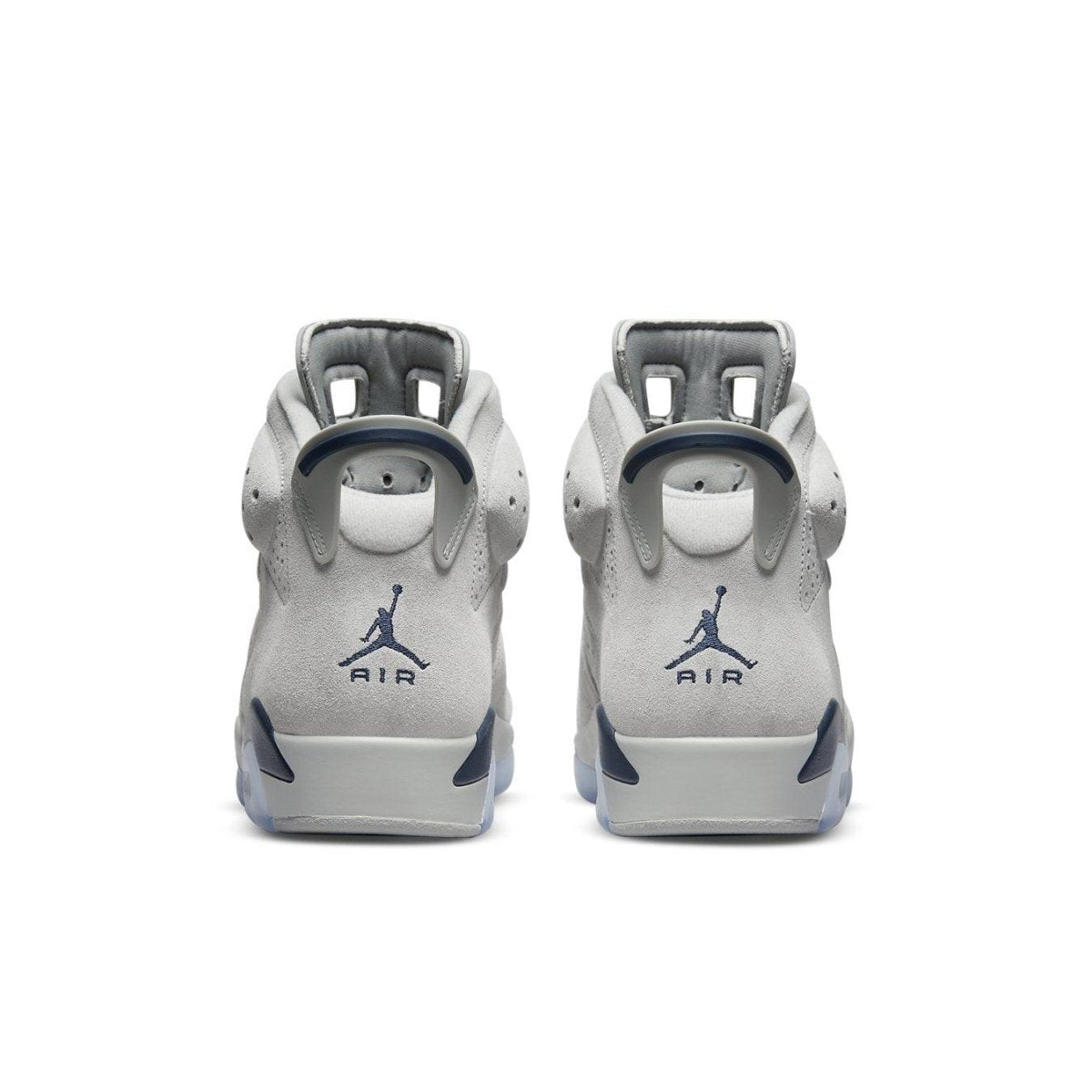 Back view of Air Jordan 6 Retro Georgetown in gray suede with navy accents and iconic Jumpman logo.