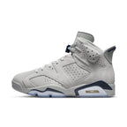 Air Jordan 6 Retro Georgetown sneakers in gray suede with navy accents and perforated detailing.