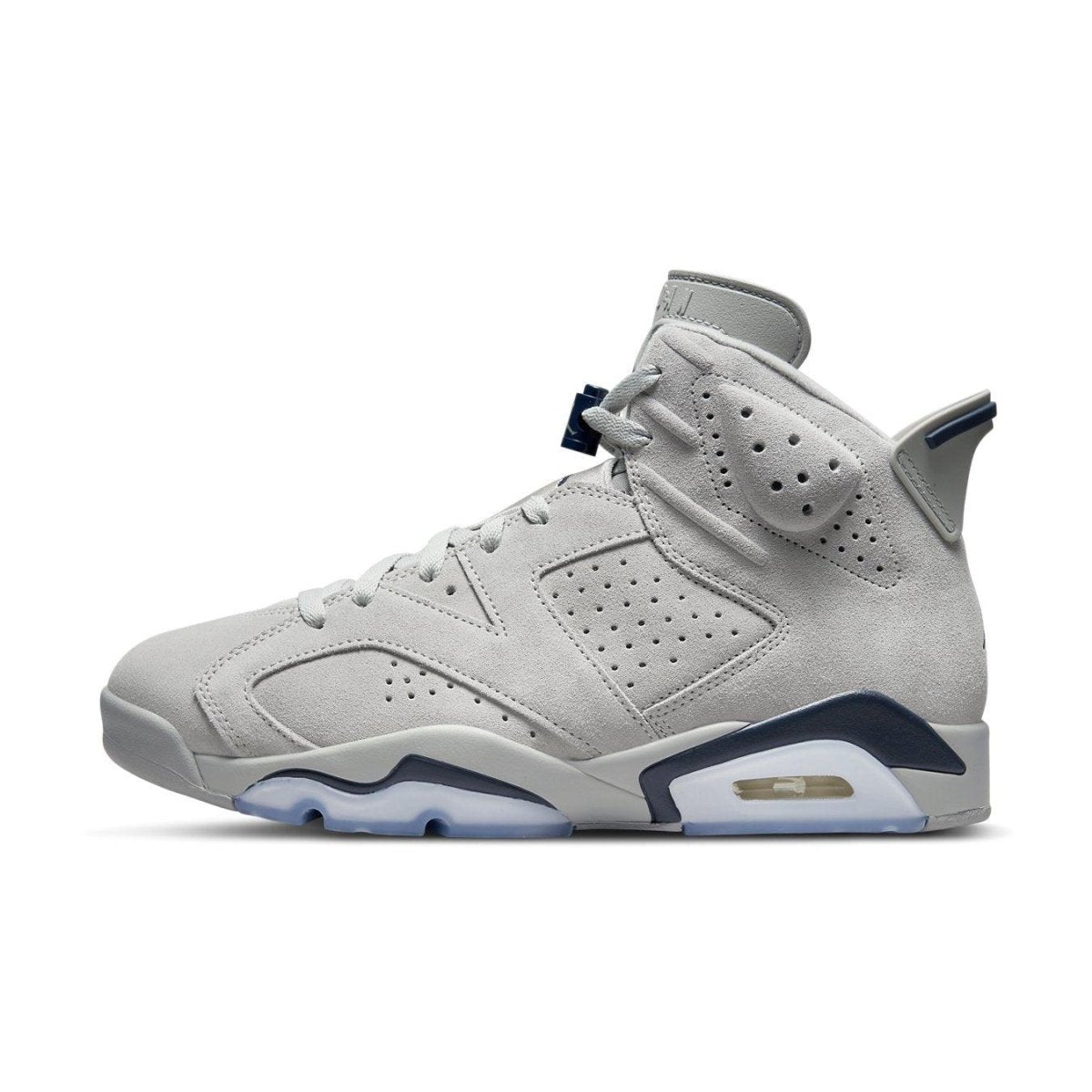 Air Jordan 6 Retro Georgetown sneakers in gray suede with navy accents and perforated detailing.