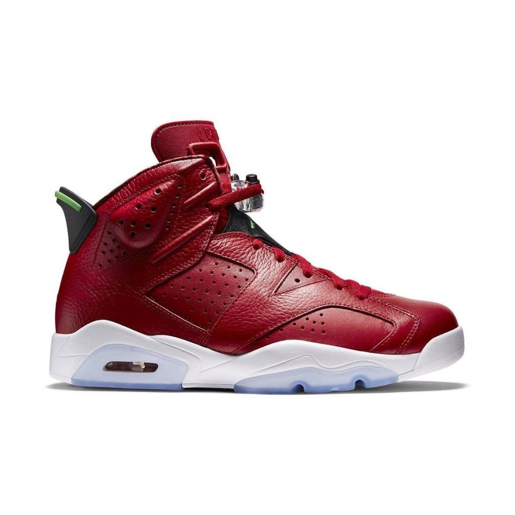 Nike Air Jordan 6 Retro History of Jordan in red leather with black and green accents, featuring a white midsole.