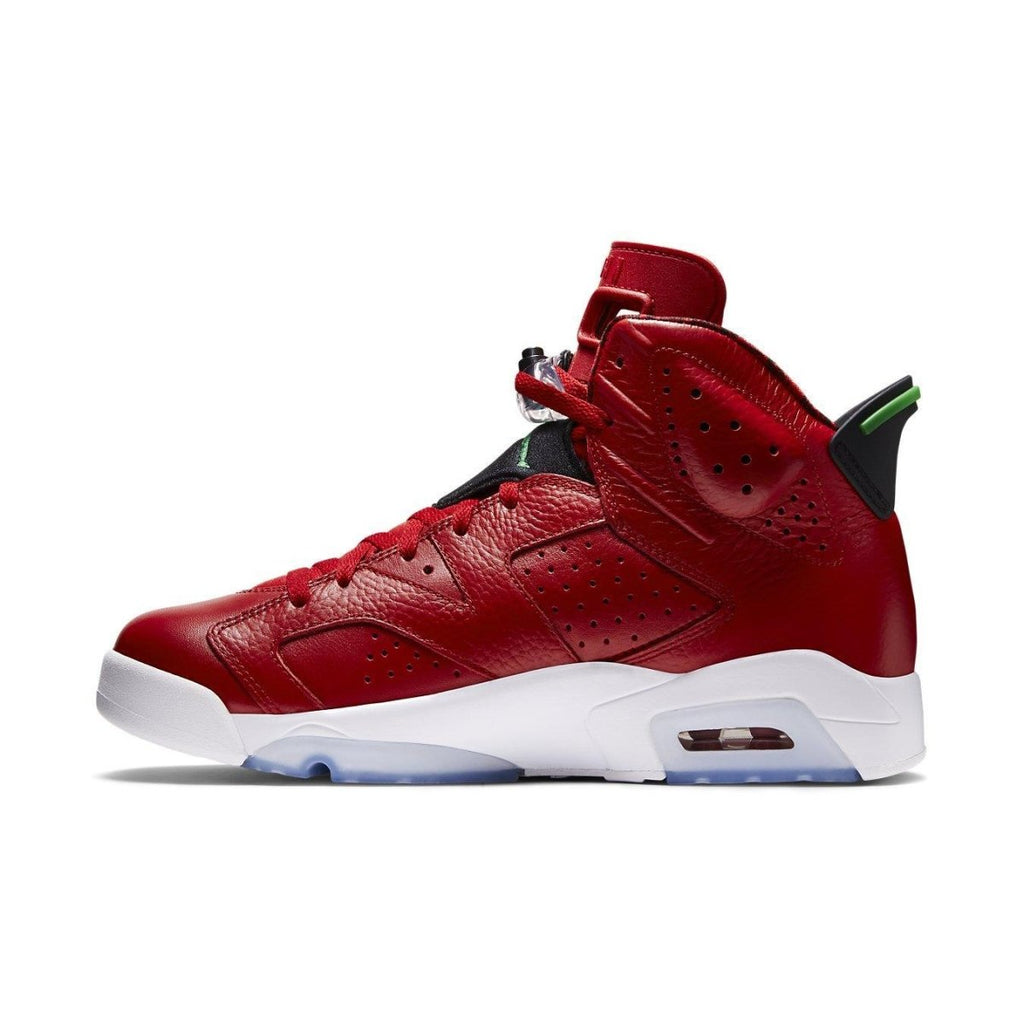 Side view of Nike Air Jordan 6 Spiz'ike History of Jordan in red leather with green and black accents, white midsole.