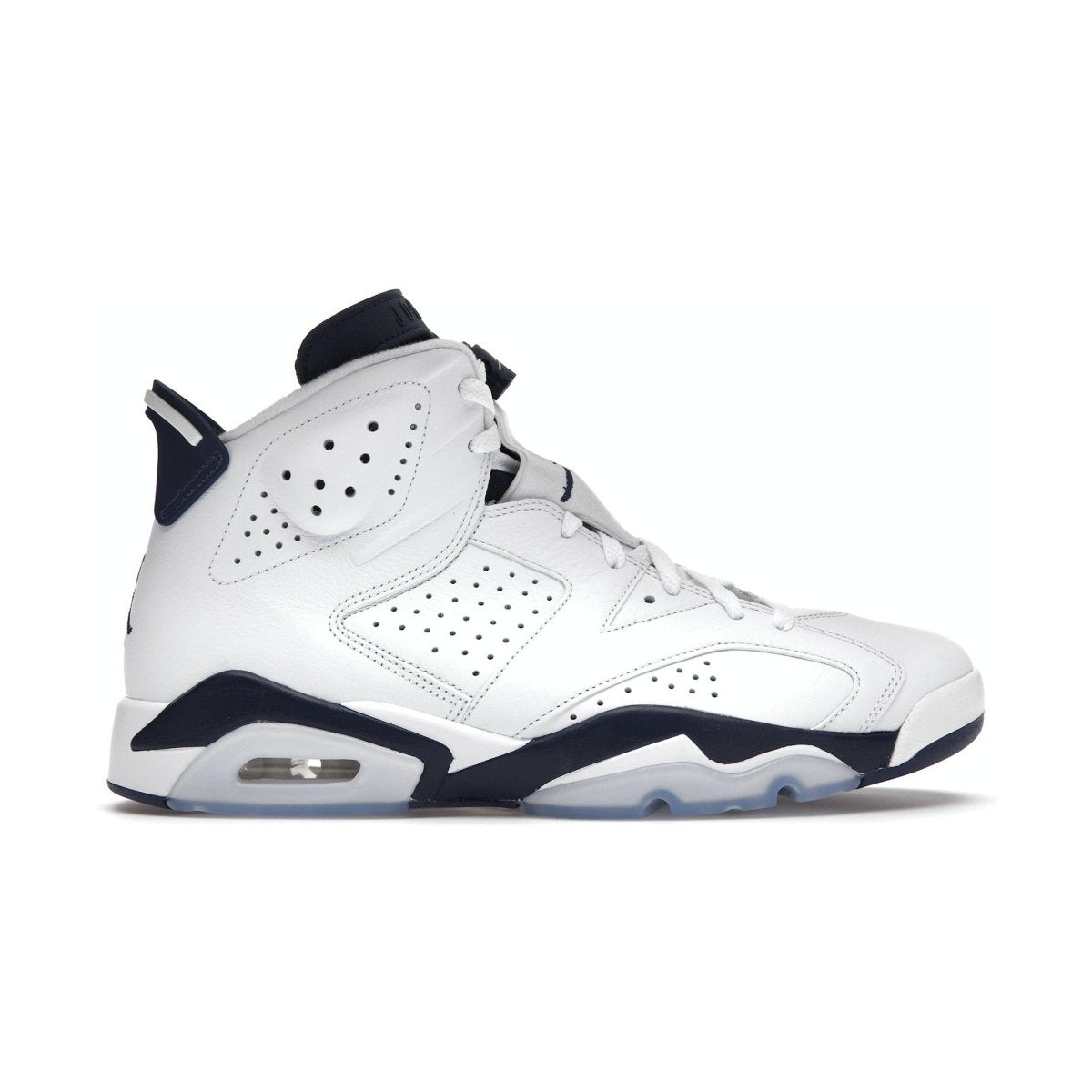Air Jordan 6 Retro Midnight Navy (2022) featuring a white leather upper with navy blue accents.