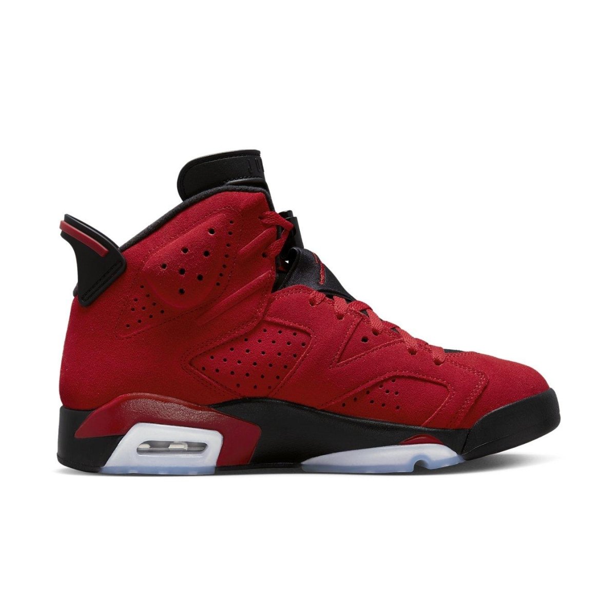 Air Jordan 6 Retro 'Toro Bravo' sneaker in red suede with black details.