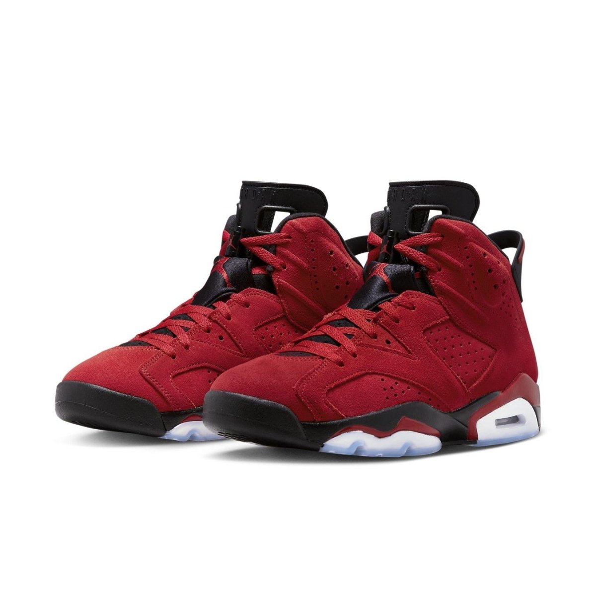 Air Jordan 6 Retro Toro Bravo sneakers in red and black suede with icy blue soles.