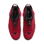 Air Jordan 6 Retro Toro Bravo top view showcasing red suede upper and black details.