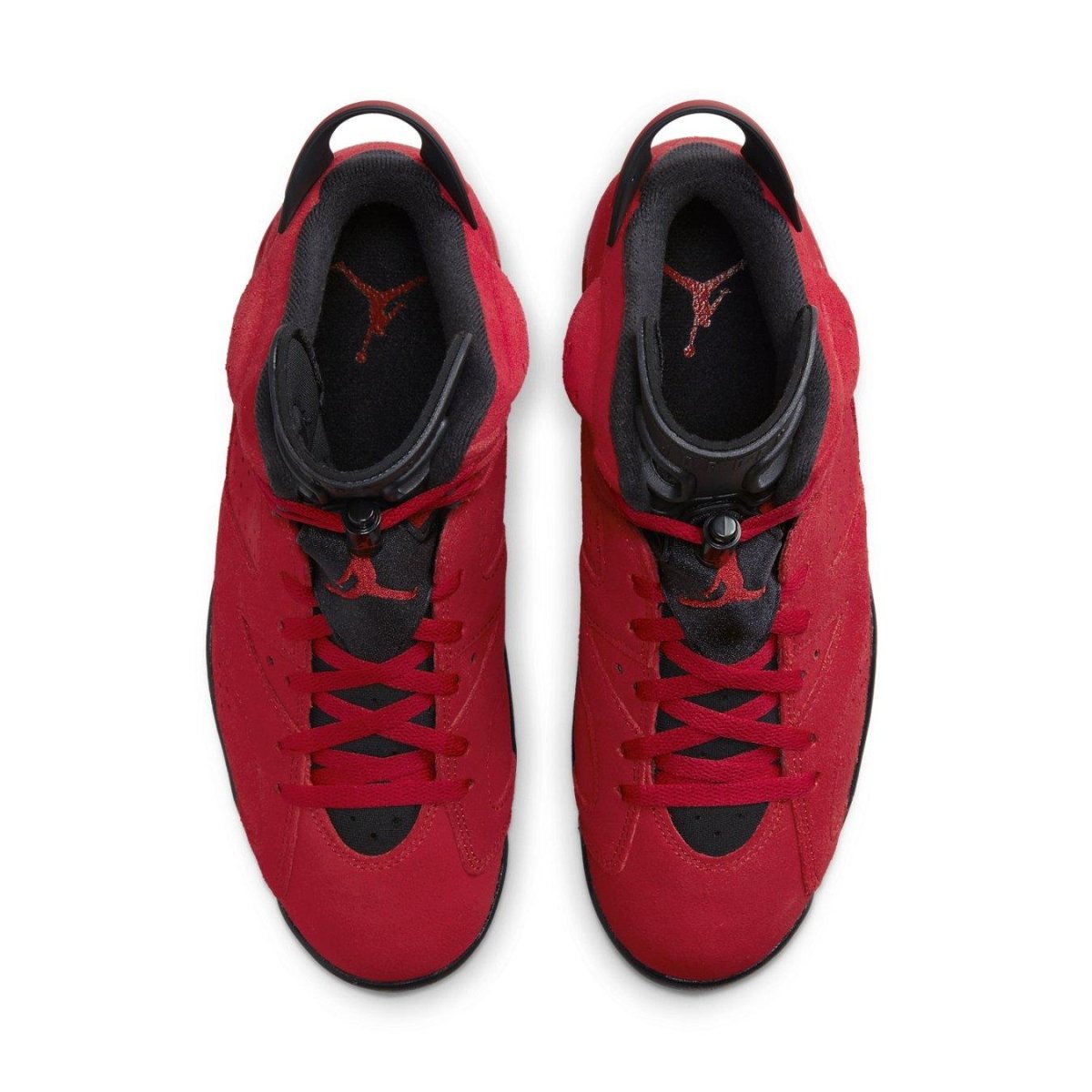 Air Jordan 6 Retro Toro Bravo top view showcasing red suede upper and black details.