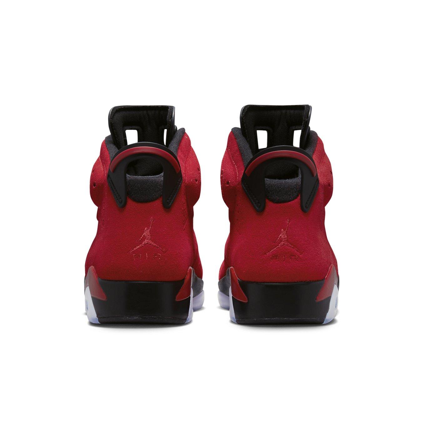 Rear view of Air Jordan 6 Retro 'Toro Bravo' sneakers in bold crimson suede with black accents.