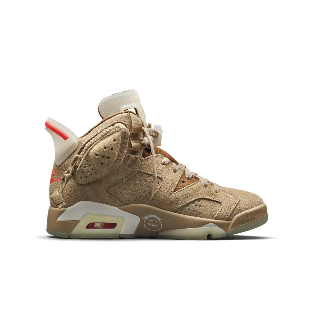 Jordan 6 Retro Travis Scott British Khaki sneaker with neutral khaki suede and hidden pockets.