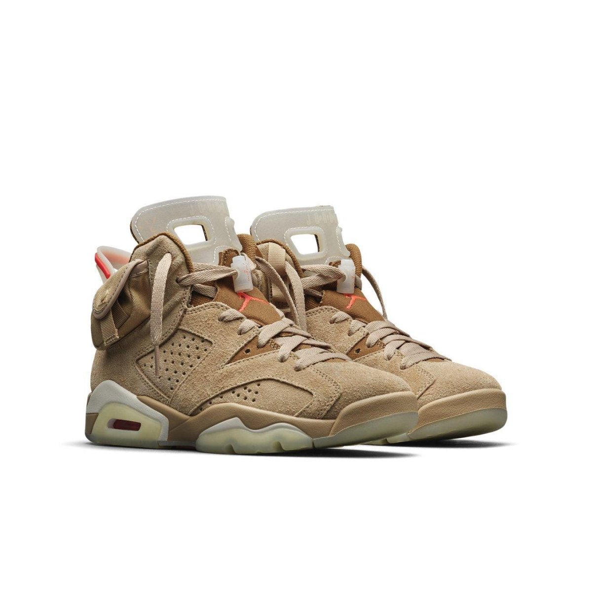 Jordan 6 Retro Travis Scott in British khaki with hidden pockets and reflective details.