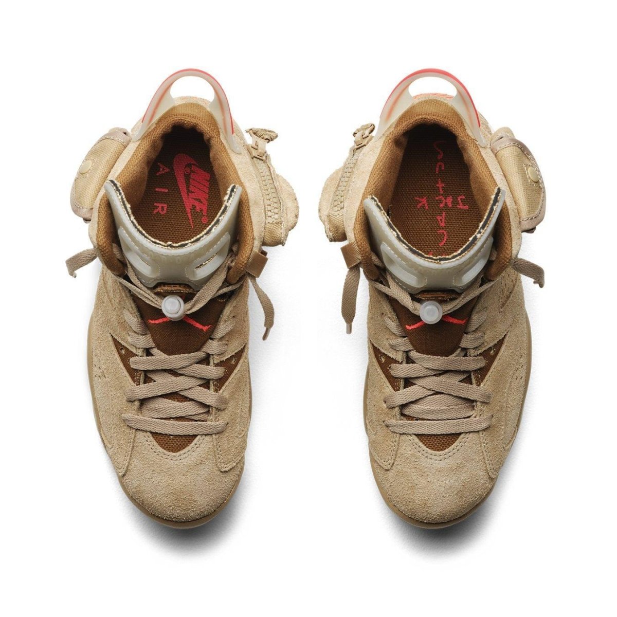 Top view of Jordan 6 Retro Travis Scott British Khaki sneaker with suede upper and hidden pocket.