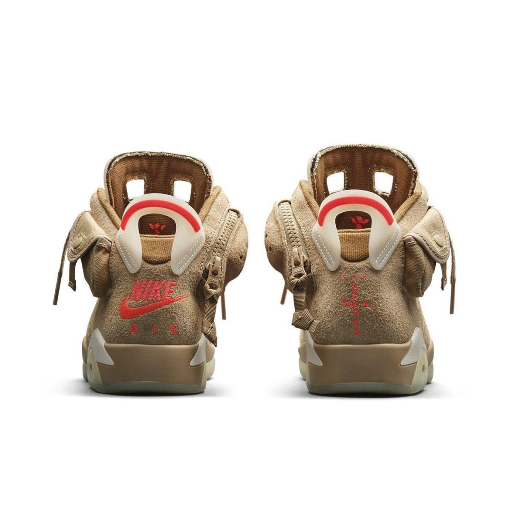 Back view of Jordan 6 Retro Travis Scott British Khaki sneakers featuring suede upper and hidden pockets.