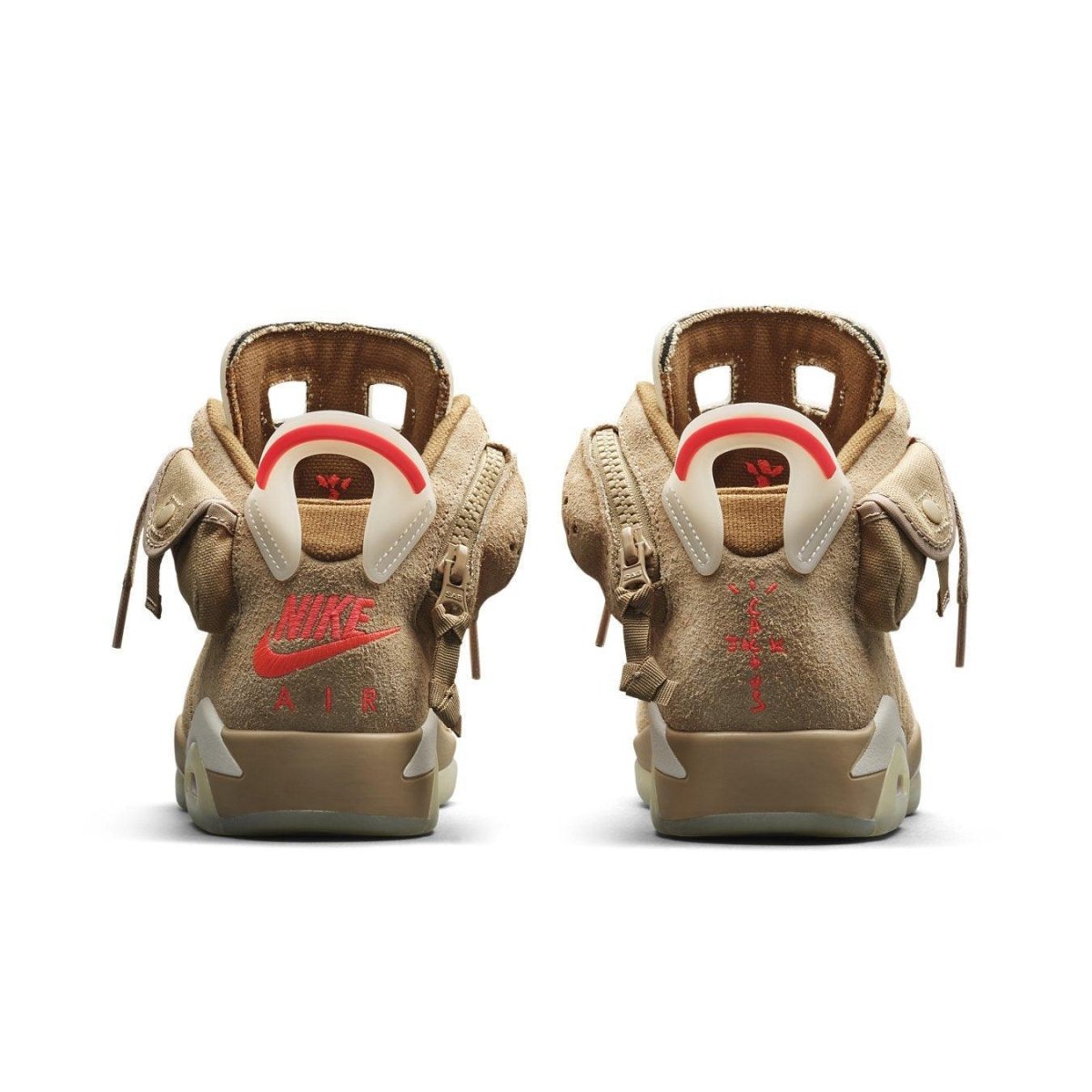 Back view of Jordan 6 Retro Travis Scott British Khaki sneakers featuring suede upper and hidden pockets.