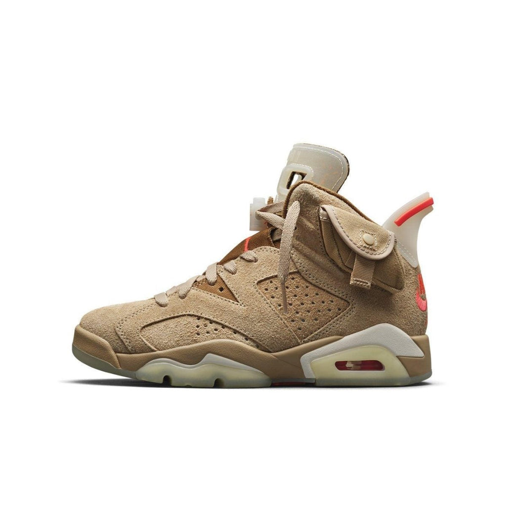 Jordan 6 Retro Travis Scott in British Khaki with suede upper and hidden pocket, featuring infrared accents.