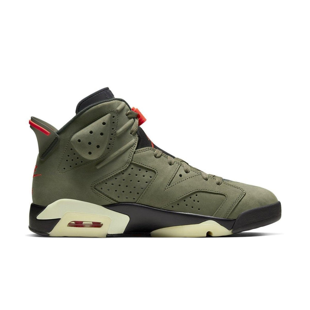 Jordan 6 Retro Travis Scott 'British Khaki' sneaker featuring suede and Bright Crimson accents.