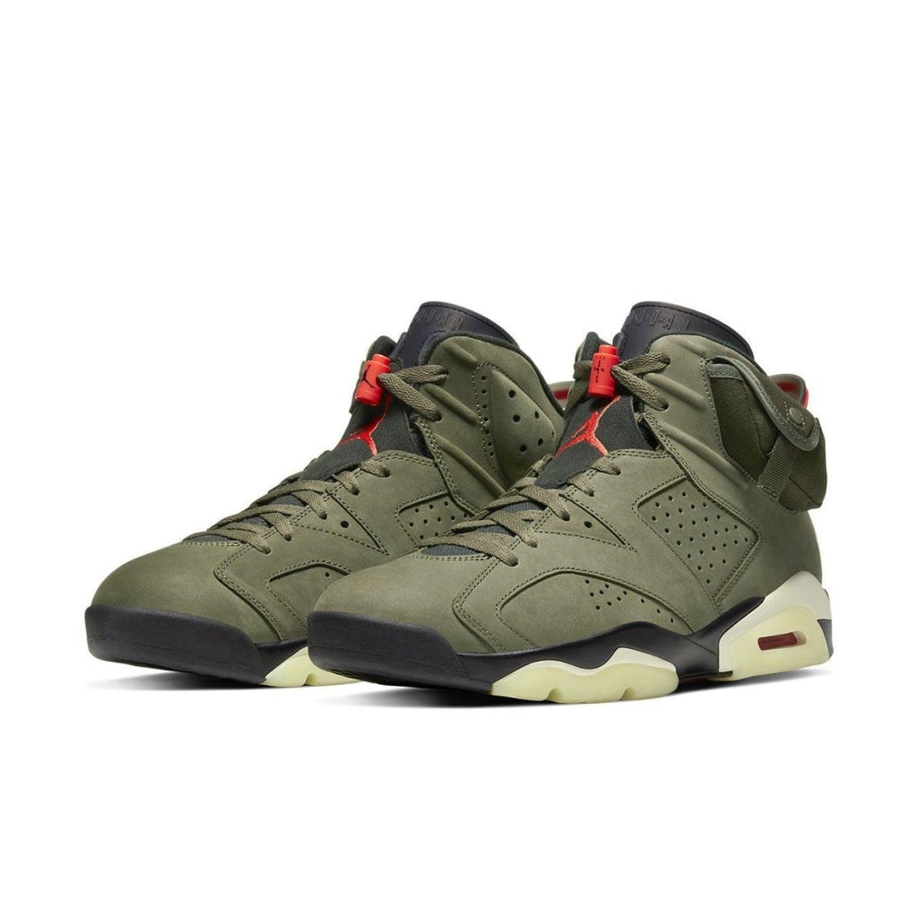Travis Scott x Air Jordan 6 Retro in British Khaki with Bright Crimson accents and unique storage pocket.