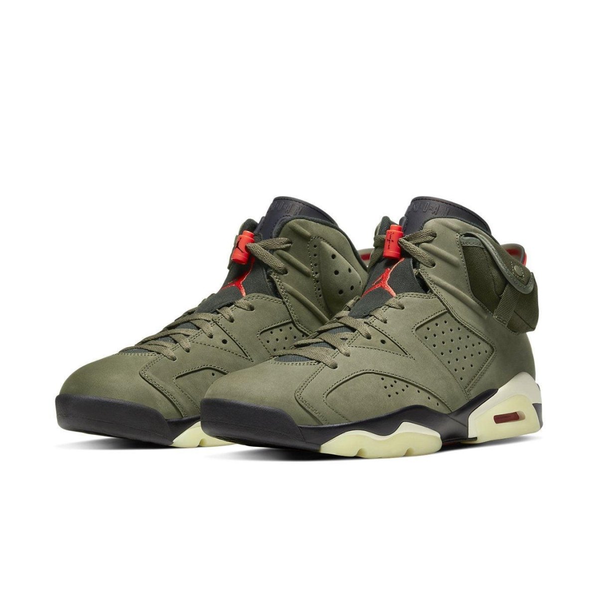 Travis Scott x Air Jordan 6 Retro in British Khaki with Bright Crimson accents and unique storage pocket.