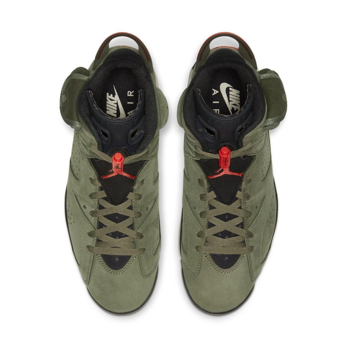 Top view of the Travis Scott x Air Jordan 6 Retro 'British Khaki' sneakers featuring olive suede and Bright Crimson accents.