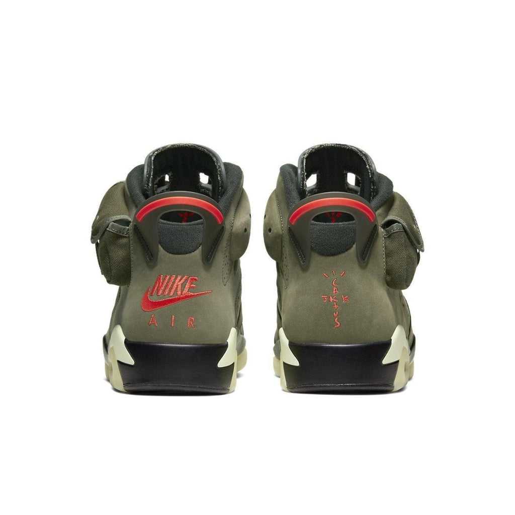 Back view of Travis Scott x Air Jordan 6 Retro 'British Khaki' sneakers showcasing Nike Air branding.