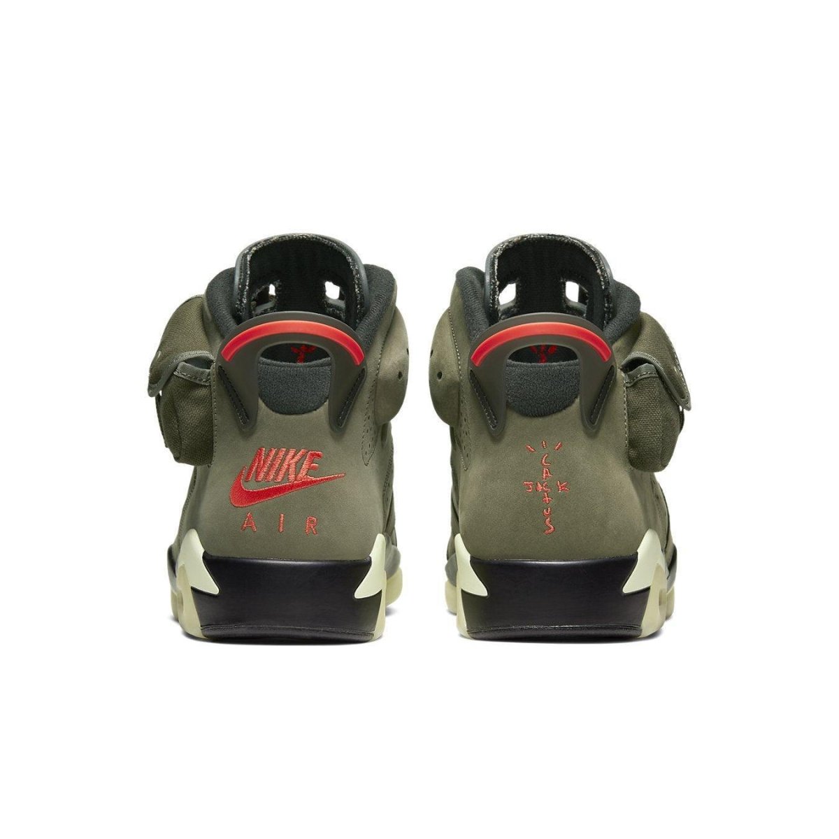 Back view of Travis Scott x Air Jordan 6 Retro 'British Khaki' sneakers showcasing Nike Air branding.