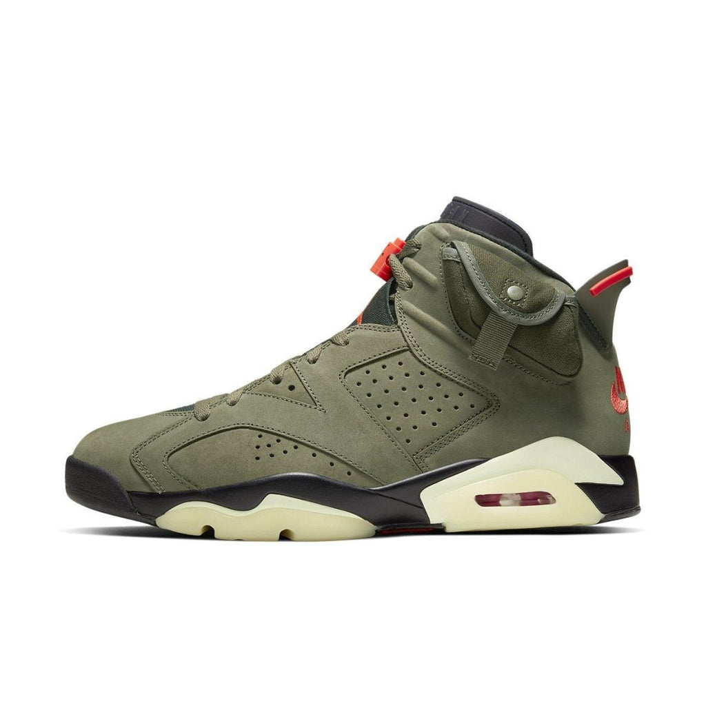 Jordan 6 Retro Travis Scott in British Khaki, featuring suede upper and Bright Crimson accents.