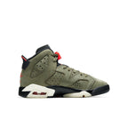 Travis Scott x Air Jordan 6 Retro 'Olive' sneakers in Medium Olive and University Red colorways.