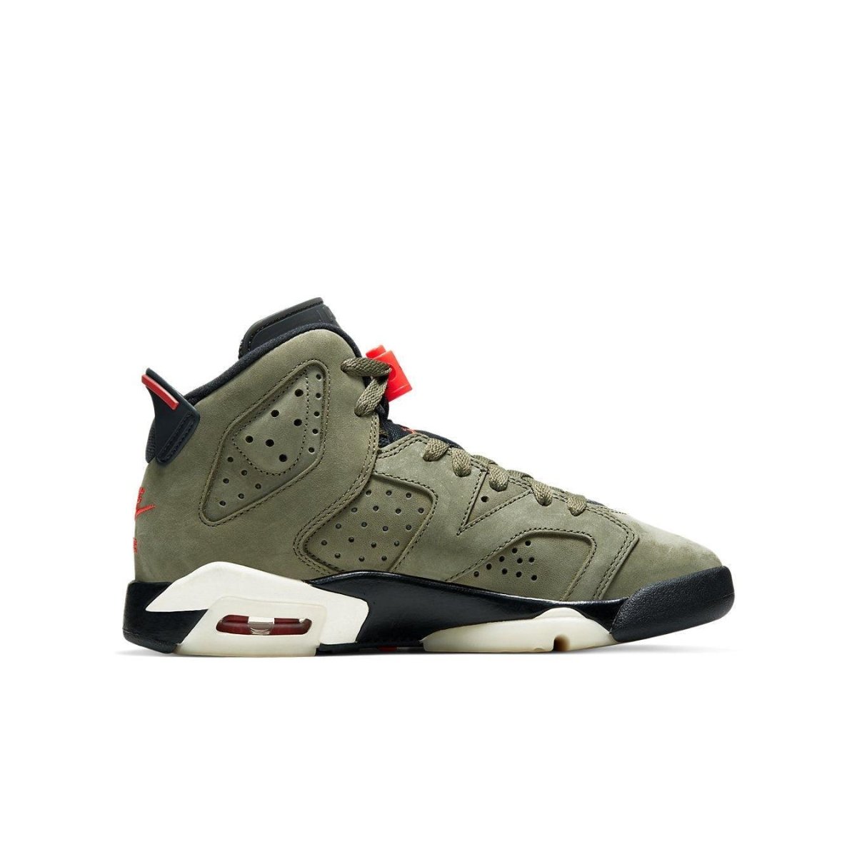 Travis Scott x Air Jordan 6 Retro 'Olive' sneakers in Medium Olive and University Red colorways.