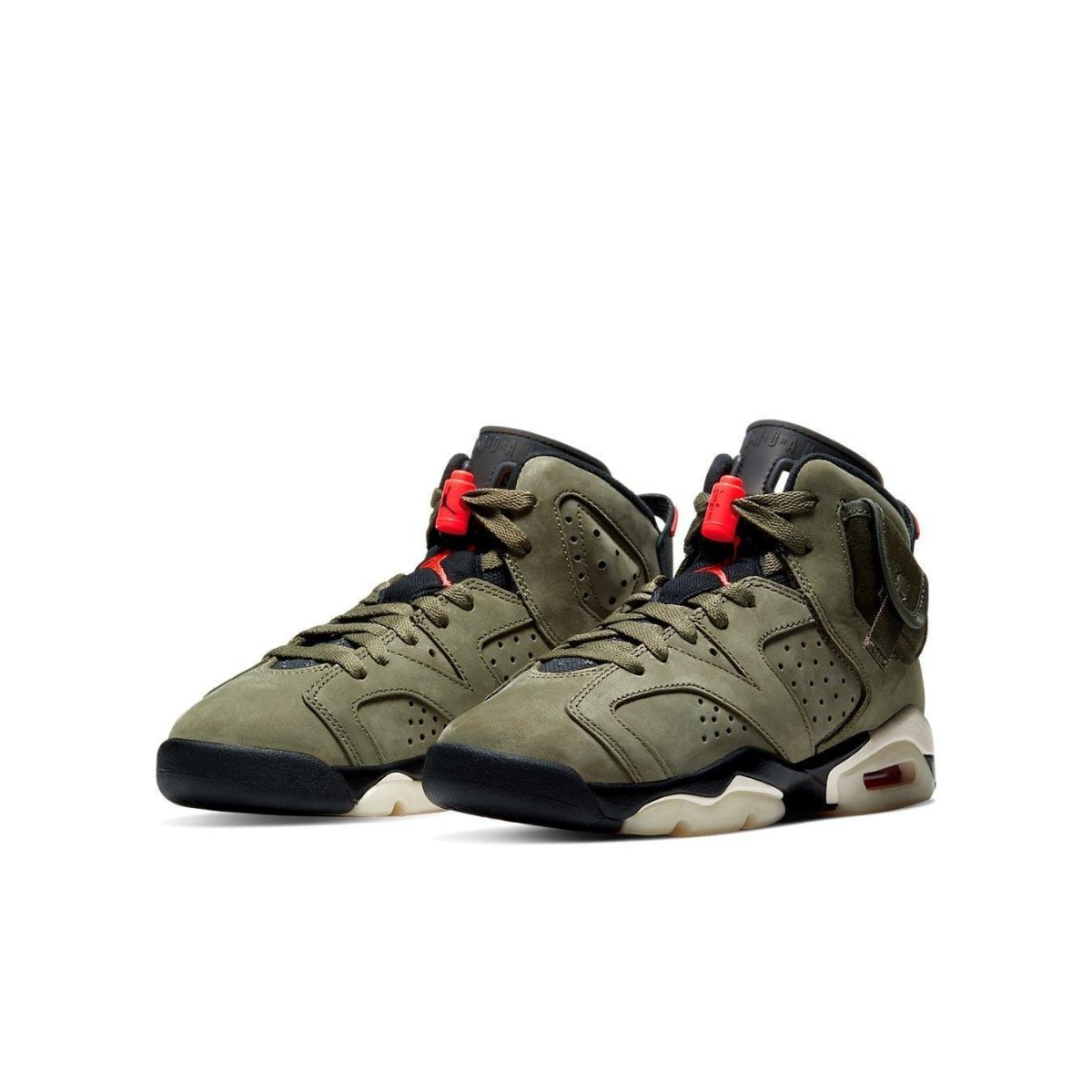 Travis Scott x Air Jordan 6 Retro 'Olive' sneakers in medium olive, black, and university red colorway with nubuck and suede.