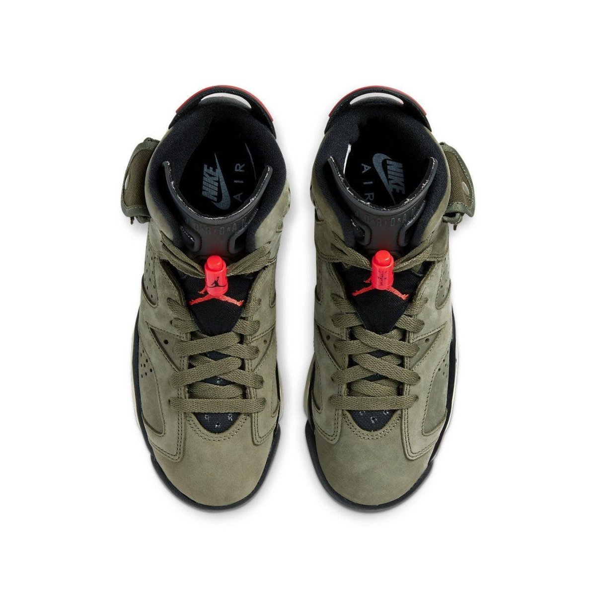 Top view of Travis Scott x Air Jordan 6 Retro 'Olive' sneakers featuring olive suede, red accents, and unique collar pocket.